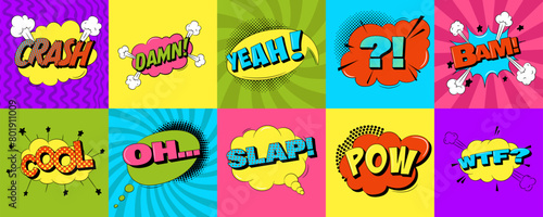 Explosion speech bubbles with text in trendy pop art style. Comic sound effects photo