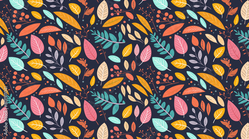A seamless pattern with colorful leaves and berries on a dark blue background.