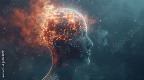 A captivating 3D illustration of a persons head with a glowing brain, representing high intelligence and cognitive abilities  ,3DCG photo