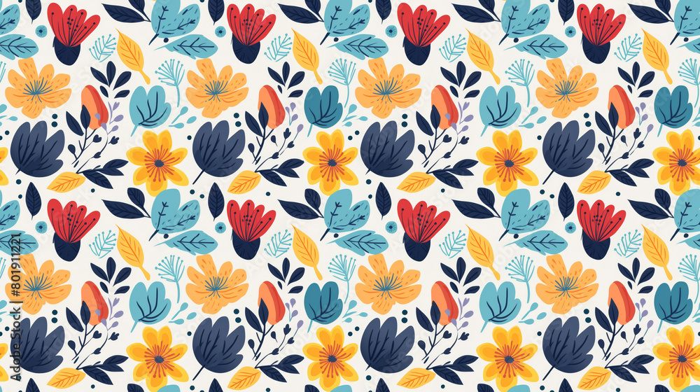 custom made wallpaper toronto digitalColorful floral pattern with yellow, red, and blue flowers and leaves on a white background