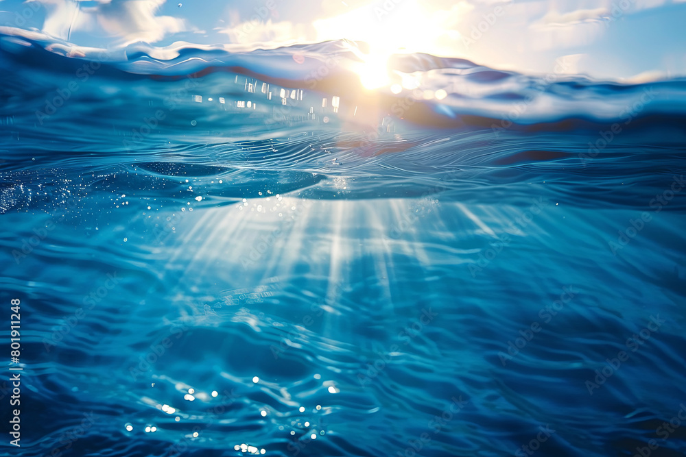 Sunlight shining ,the surface and under the blue ocean, sea wave , with clean waters in summer time
