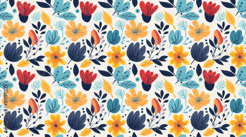 Wallpaper Mural Colorful floral pattern with yellow, red, and blue flowers and leaves on a white background Torontodigital.ca