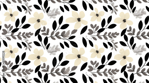 A seamless pattern with hand drawn flowers and leaves in black, white and cream colors.