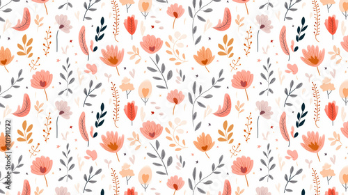 A seamless pattern with cute hand drawn flowers and leaves in pink, orange and grey colors.