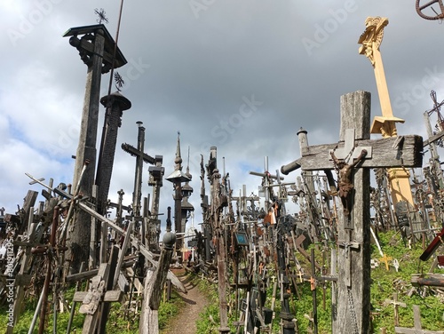 Hill of crosses. Crosses and rosemary on hill. Small hill. Loads of crosses. Few trees. Sunny day. Summer season. Monument. Siauliai. Kryziu kalnas Siauliuose. photo