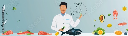 Nutritionist discussing the health benefits of tuna, with infographic elements, suitable for educational content or health food store ads