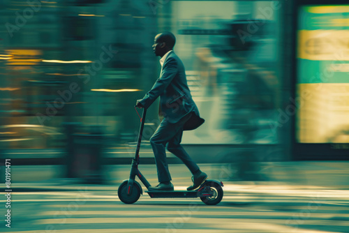 A businessman riding an e-scooter in the city. (Shallow depth of field)