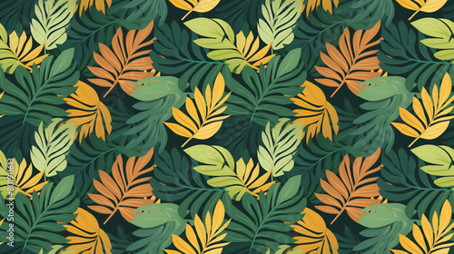 A seamless pattern of stylized tropical leaves in a jungle setting.