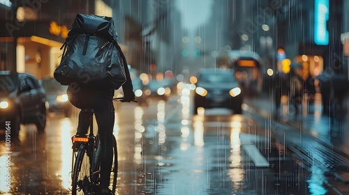 Bike Courier Navigating Rainy Urban Cityscape Carrying Backpack of Food Orders photo