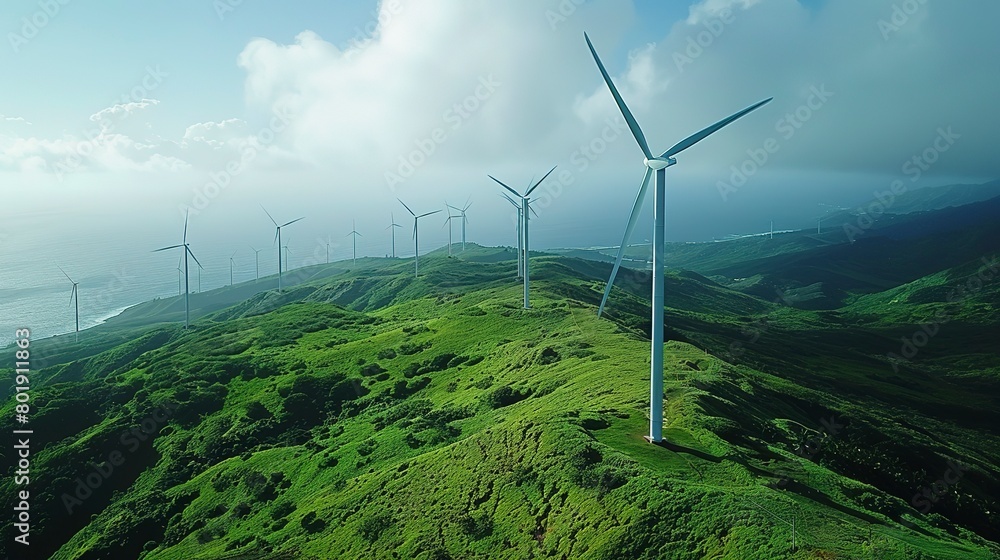Wind turbines on green hills, bright day, low angle, energy harmony Wind turbines on green hills, bright day, low angle, energy harmony
