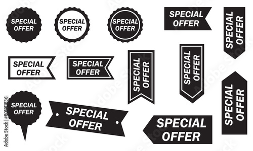 Set of special offer labels in black. Set of special offer labels and banners Vector special offer labels set, Set of vector stickers and ribbons.  isolated on white background. Vector illustration. 