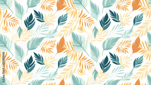 A seamless vector pattern with stylized tropical leaves in blue  green and orange.