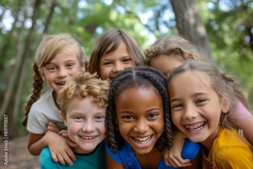 Portrait of group of smiling children standing in the park. Selective focus.
