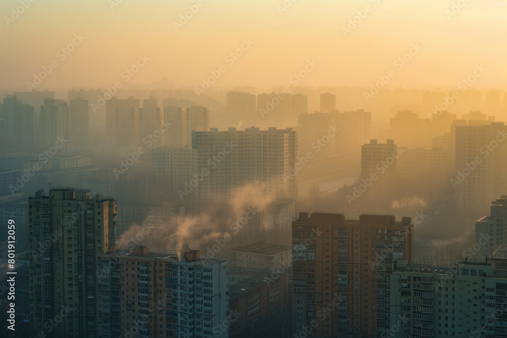A city skyline on a smoggy day, with skyscrapers shrouded in fog, and low visibility.
A city skyline on a smoggy day, with skyscrapers shrouded in fog, and low visibility.