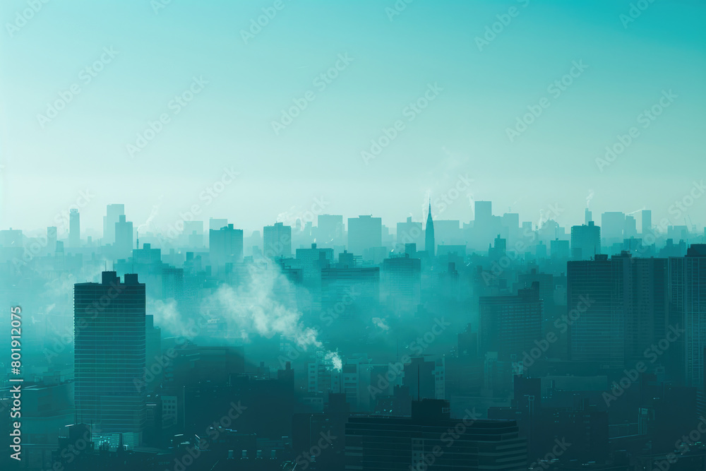 A city skyline on a smoggy day, with skyscrapers shrouded in fog, and low visibility.
A city skyline on a smoggy day, with skyscrapers shrouded in fog, and low visibility.