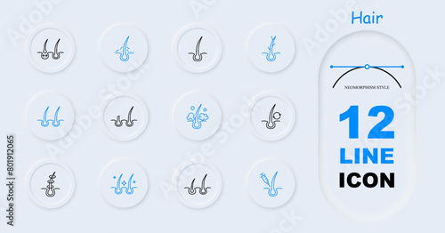 Hair set icon. Hair, follicle, dermal layer of skin, cut, cream, shampoo, hair cream, protective cover, split ends, dandruff, neomorphism. Hair care concept.