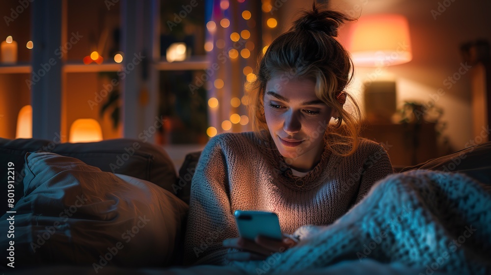 High-speed 5G streaming on smartphone, cozy evening glow, over-the-shoulder, media revolution High-speed 5G streaming on smartphone, cozy evening glow, over-the-shoulder, media revolution