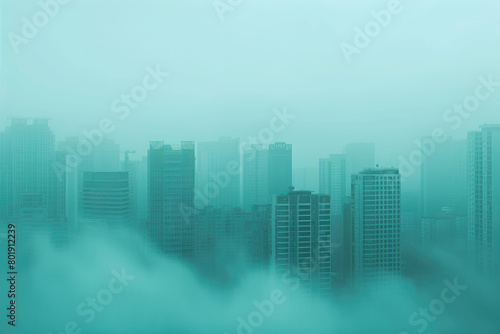 A city skyline on a smoggy day  with skyscrapers shrouded in fog  and low visibility.  