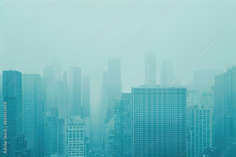 A city skyline on a smoggy day, with skyscrapers shrouded in fog, and low visibility.

