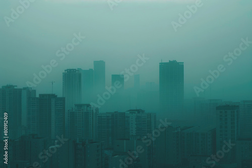 A city skyline on a smoggy day  with skyscrapers shrouded in fog  and low visibility.  