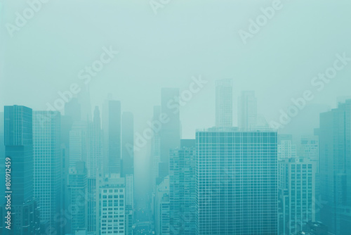 A city skyline on a smoggy day  with skyscrapers shrouded in fog  and low visibility.  