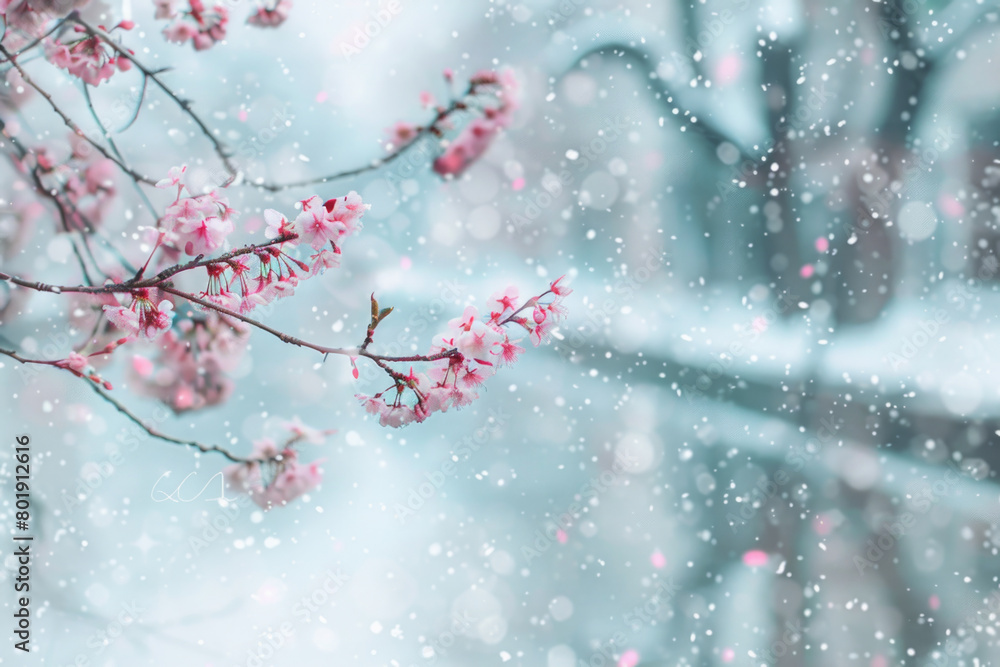 Due to climate change, cherry blossom trees bloom in the snow on the streets of Kyoto, Japan.

