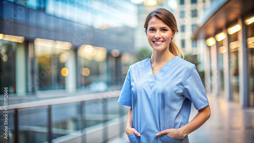 Smiling brunette doctor woman outside a hospital building