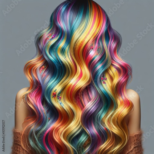  Hair dyed in a tie dye pattern, with bold splashes of color thr photo