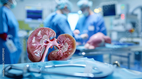 Surgical team preparing for pig kidney transplant using 3D model photo