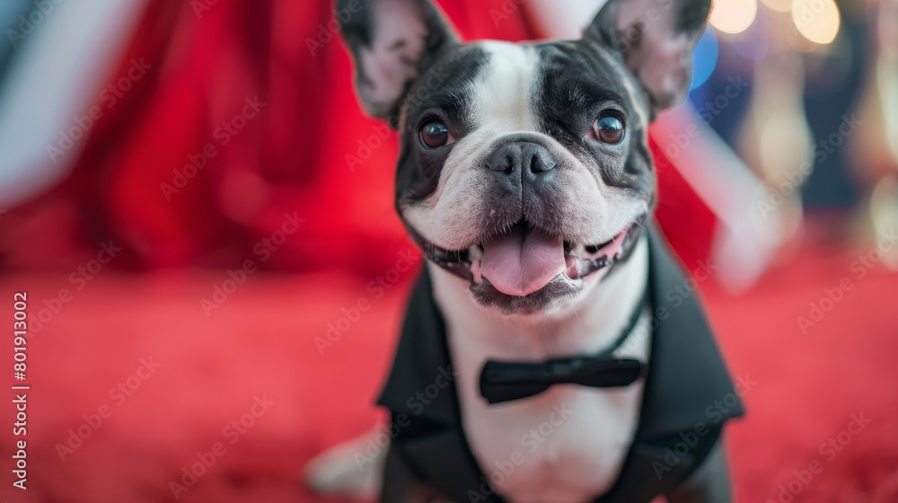 French bulldog in a tuxedo attending a blacktie event, red carpet background, suitable for highend pet fashion promotions