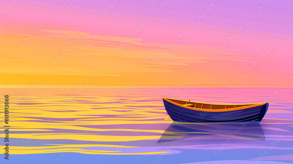 Wooden boat in the open sea at golden hour. Serene seascape. Book cover. Copy space.