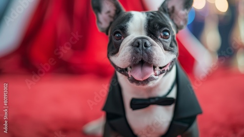 French bulldog in a tuxedo attending a blacktie event, red carpet background, suitable for highend pet fashion promotions photo