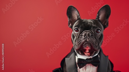 French bulldog in a tuxedo attending a blacktie event, red carpet background, suitable for highend pet fashion promotions © kitidach