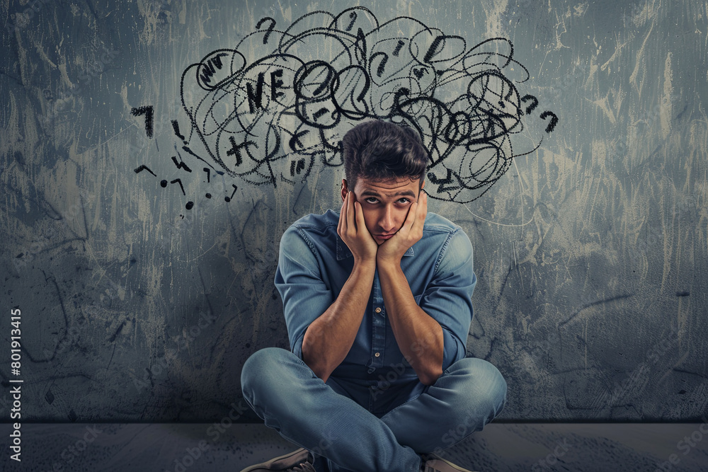 Sad young man with worried stressed face expression and brain melting into lines question marks. Obsessive compulsive, adhd, anxiety disorders concept
Sad young man with worried stressed face expression and brain melting into lines question marks. Obsessive compulsive, adhd, anxiety disorders concept