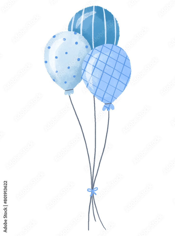 Composition with three airy blue balloons. Hand drawn cartoon illustration on isolated background