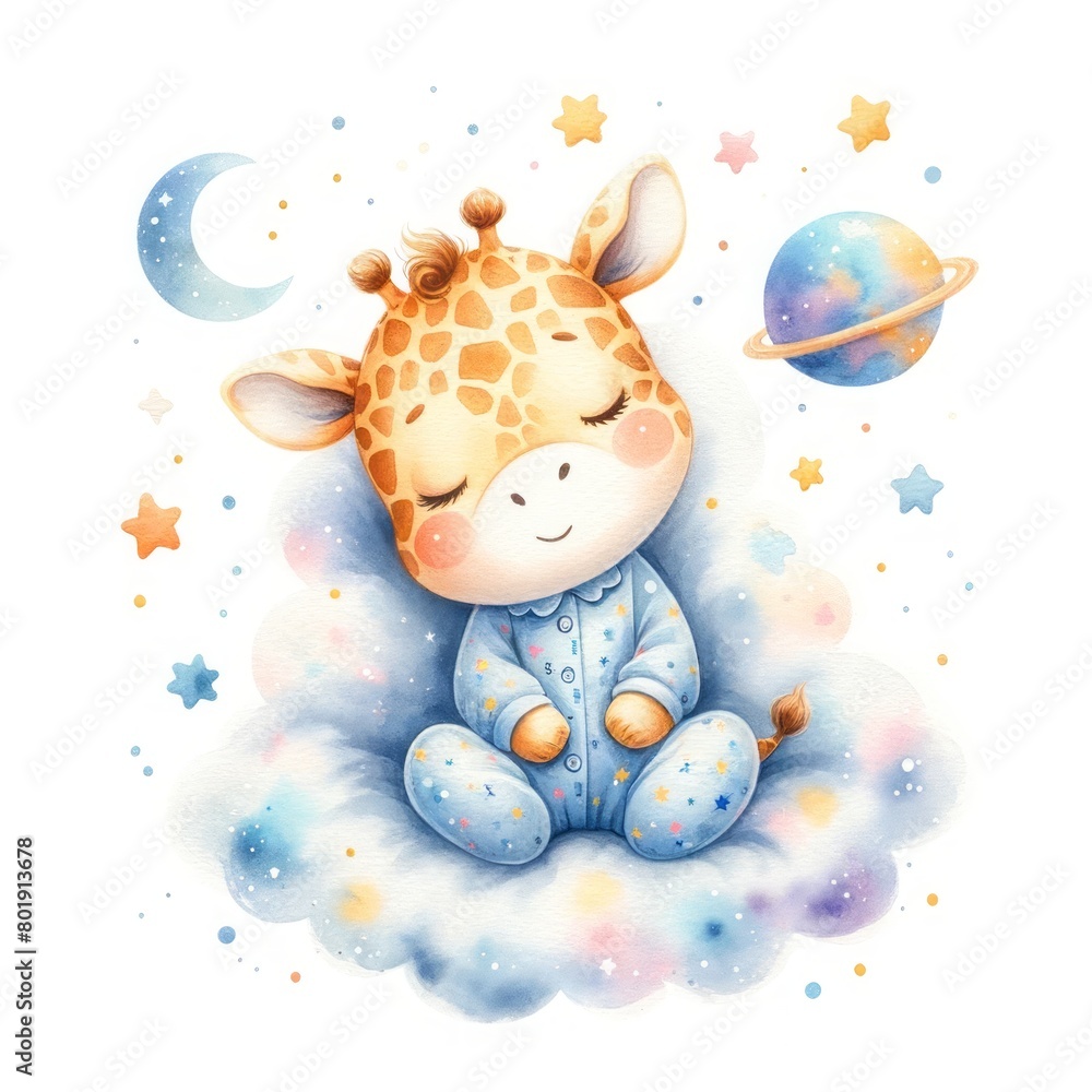 A charming baby giraffe in star-patterned pajamas peacefully sleeps on a cloud surrounded by stars, moon, and planets. Sweet illustration ideal for children's decor or space-themed projects. A charming baby giraffe in star-patterned pajamas peacefully sleeps on a cloud surrounded by stars, moon, and planets. Sweet illustration ideal for children's decor or space-themed projects.
