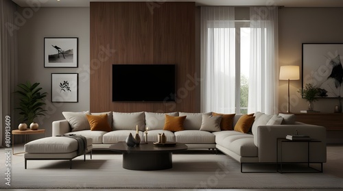 Scandinavian farmhouse style beige living room interior with natural wooden furniture. Mock up wall background. 3d render illustration.Mock up frame in children room with natural wooden furniture, 3D  © Waqas