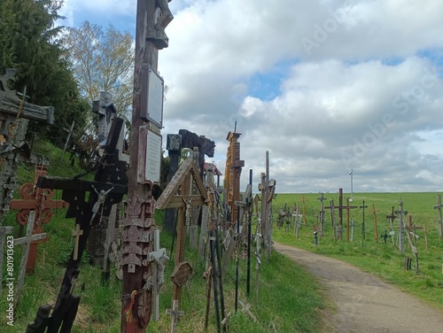 Hill of crosses. Crosses and rosemary on hill. Small hill. Loads of crosses. Few trees. Sunny day. Summer season. Monument. Siauliai. Kryziu kalnas Siauliuose. photo