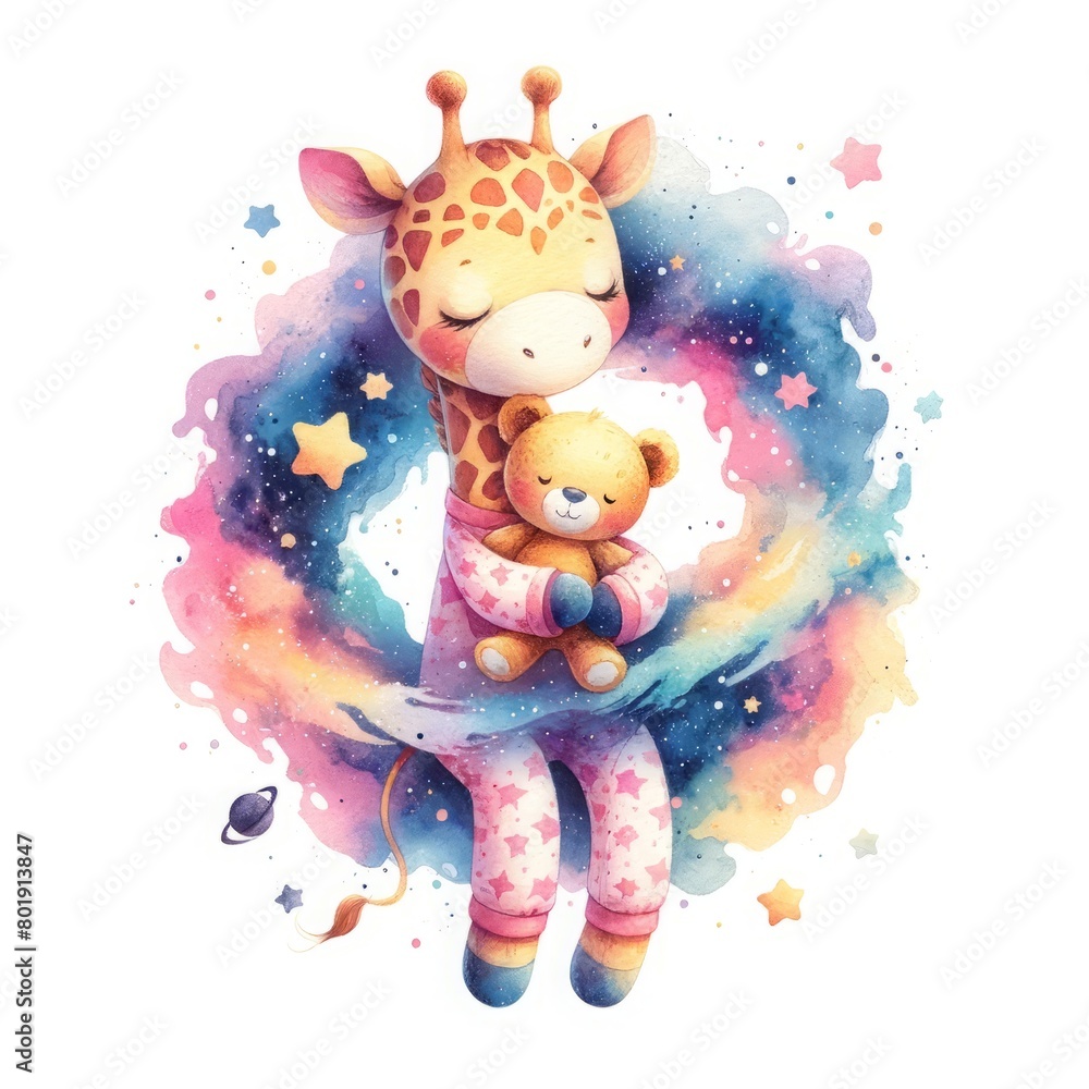 Naklejka premium A gentle giraffe in pajamas lovingly embraces a teddy bear amidst a swirling galaxy of stars and planets. Whimsical watercolor illustration perfect for children's designs. 