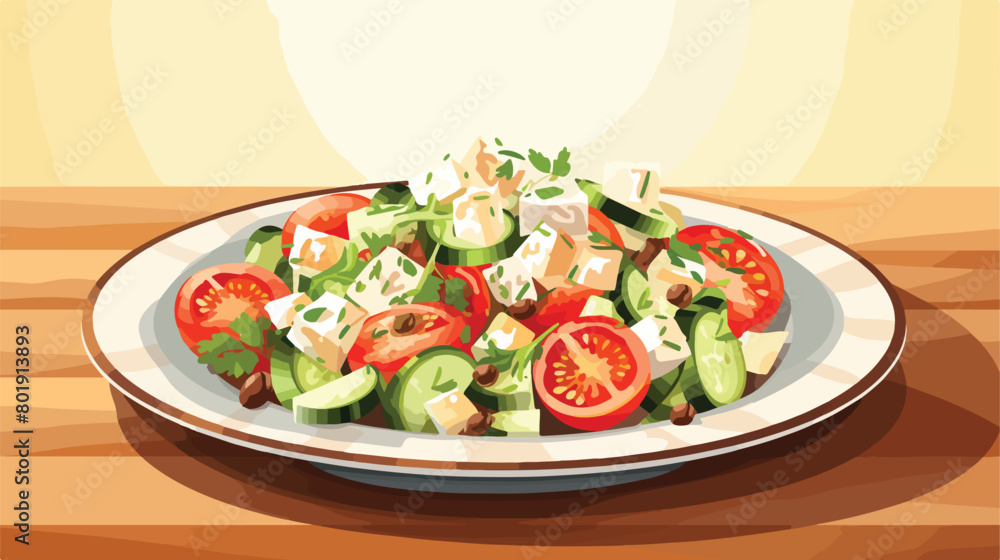 Plate with fresh Greek salad on table Vector illustration
