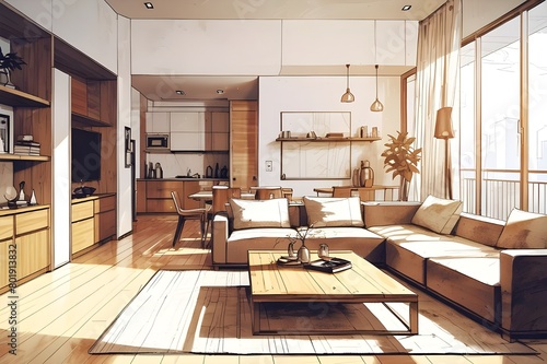 Scandinavian farmhouse style beige living room interior with natural wooden furniture. Mock up wall background. 3d render illustration.Mock up frame in children room with natural wooden furniture  3D 