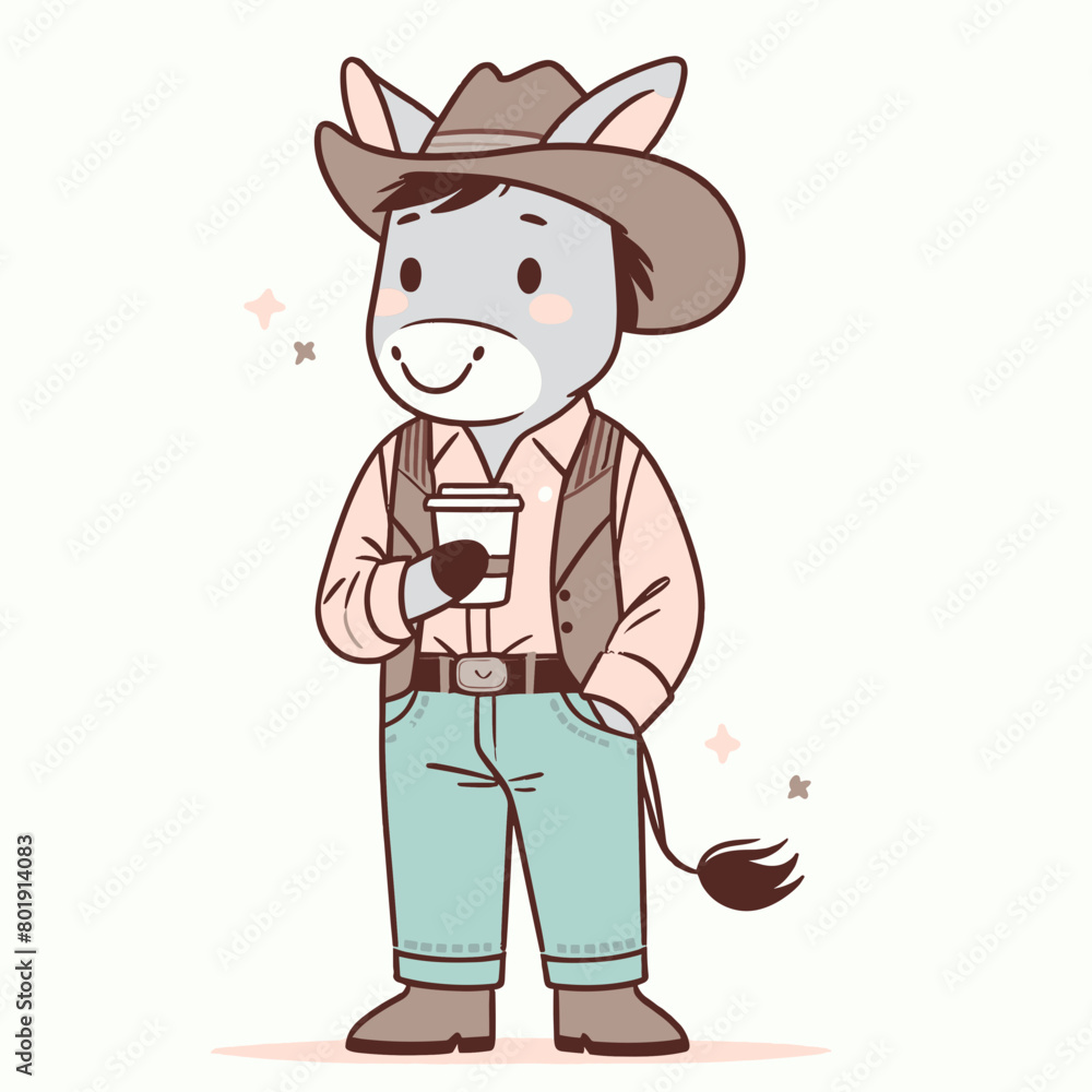 A cartoon donkey wearing a cowboy hat and holding a coffee cup.