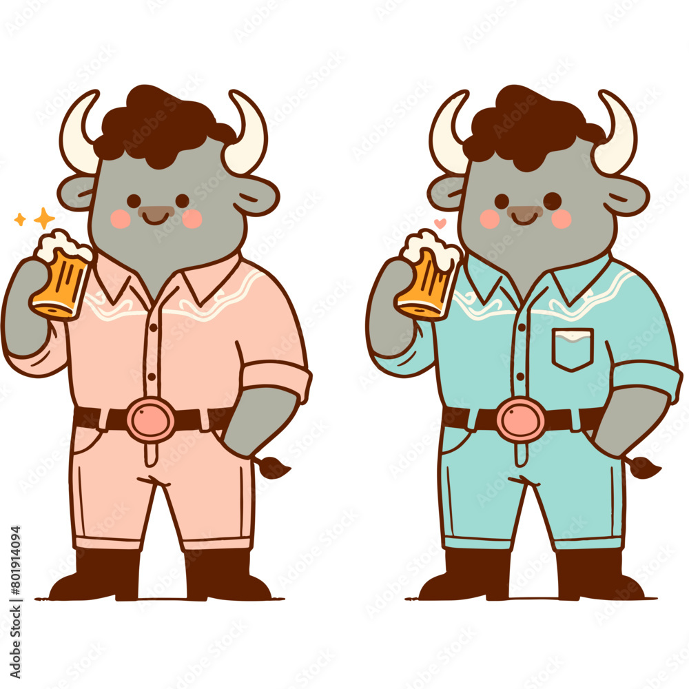 A cartoon illustration of a happy, pink buffalo wearing a cowboy hat, holding a beer A cartoon illustration of a happy, pink buffalo wearing a cowboy hat, holding a beer