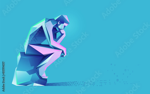 concept of deep learning or machine learning, graphic of thinker with binary shadow