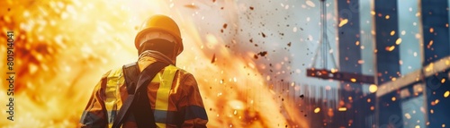 Dramatic explosion at a construction site, showcasing safety equipment in action, perfect for industrial safety gear ads