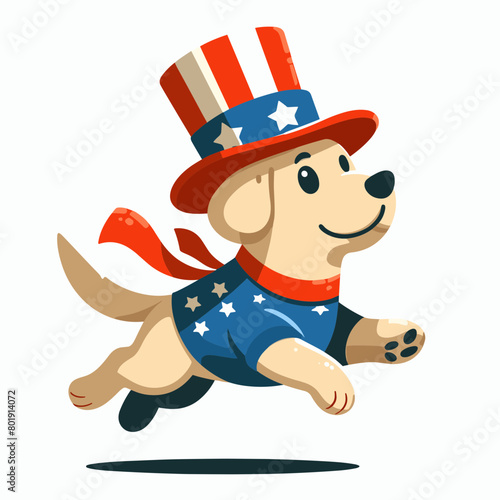 A cartoon dog wearing an Uncle Sam hat and a patriotic scarf is running.