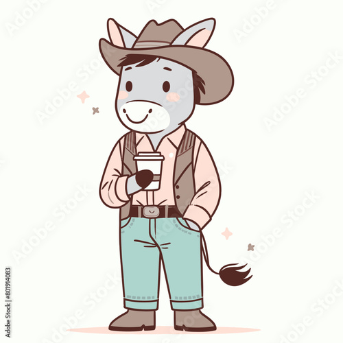 A cartoon donkey wearing a cowboy hat and holding a coffee cup.