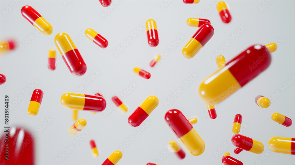 A high-quality photograph capturing red and yellow medicine capsules gracefully falling down against a light white studio background. The capsules are depicted mid-air, creating a dynamic and visually A high-quality photograph capturing red and yellow medicine capsules gracefully falling down against a light white studio background. The capsules are depicted mid-air, creating a dynamic and visually