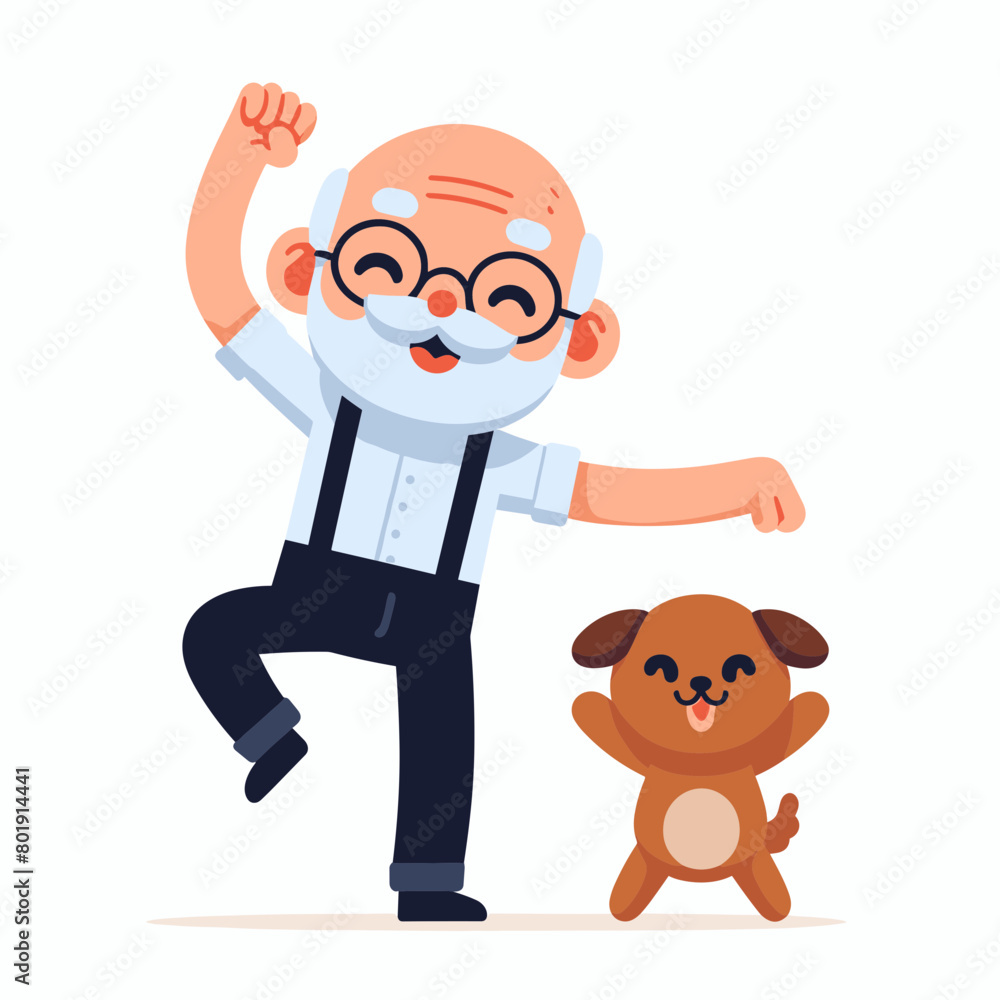 A happy old man is dancing with his dog .