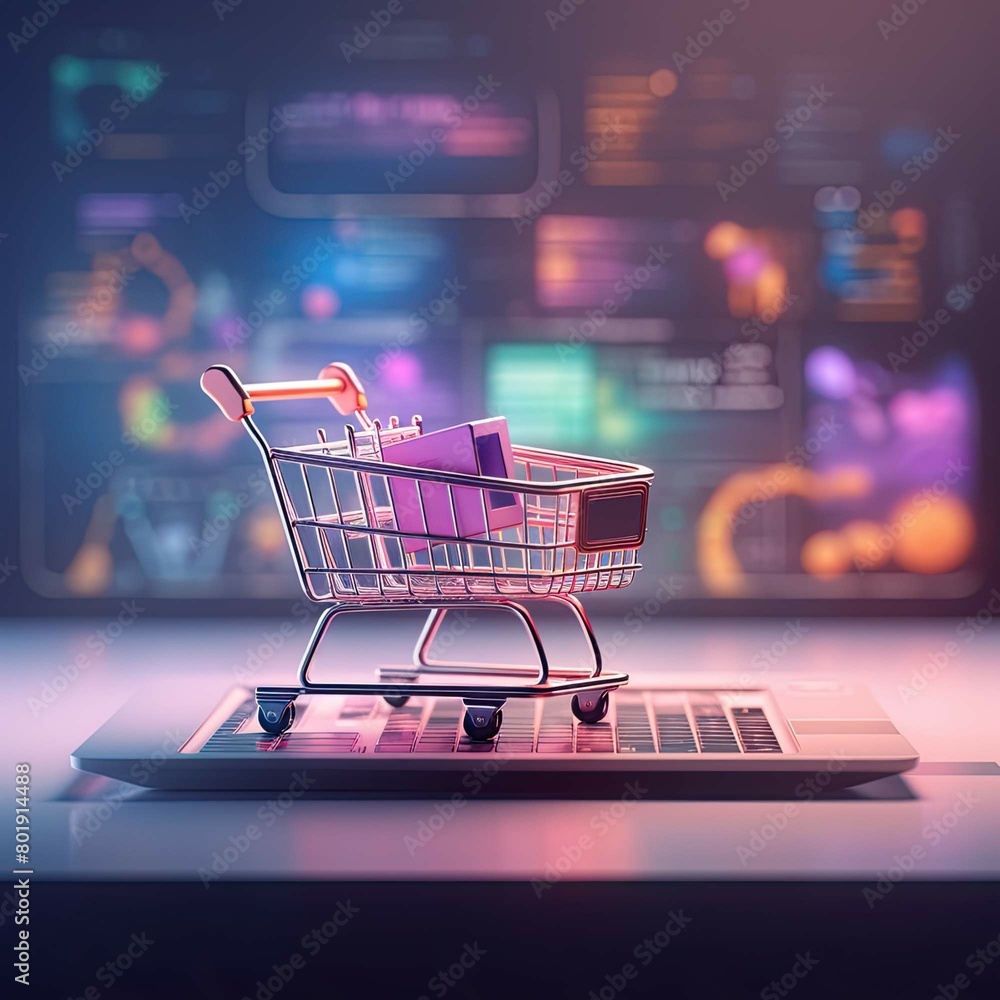 Virtual shopping cart on top of laptop computer in online shopping concept. Generative AI